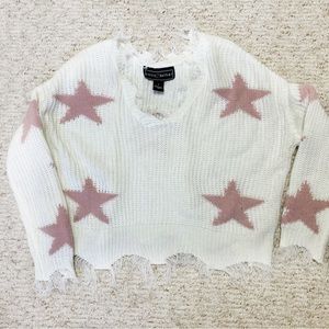 Women’s Polly & Esther Small White and Pink Stars Oversized Distressed Sweater